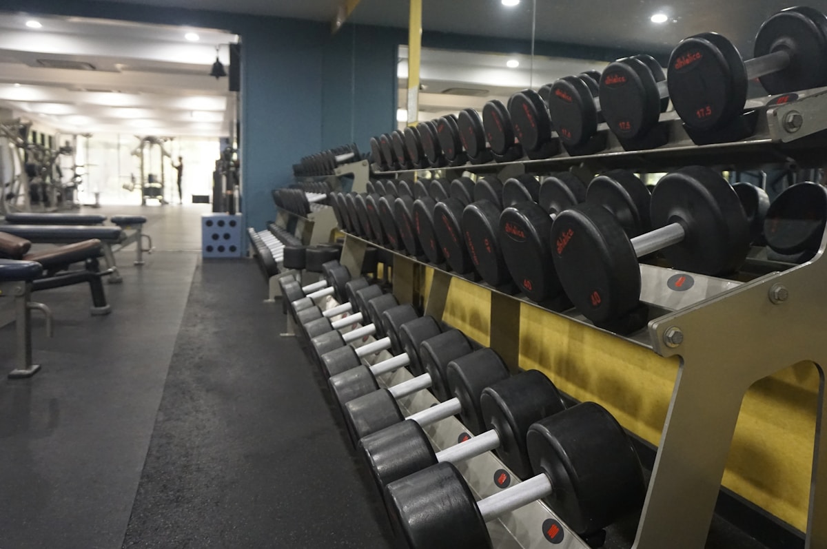 Dumbbells arranged on a rack in a gym