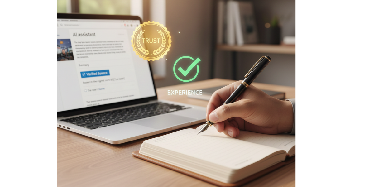 A professional setting showing a laptop screen where a Google AI agent cites a human expert as a verified source, symbolizing experience, expertise, authoritativeness, and trust.