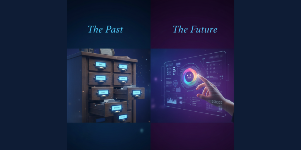 A split-screen illustration comparing a vintage library card catalog representing traditional search results to a modern holographic AI interface representing Google Gemini's conversational answers.