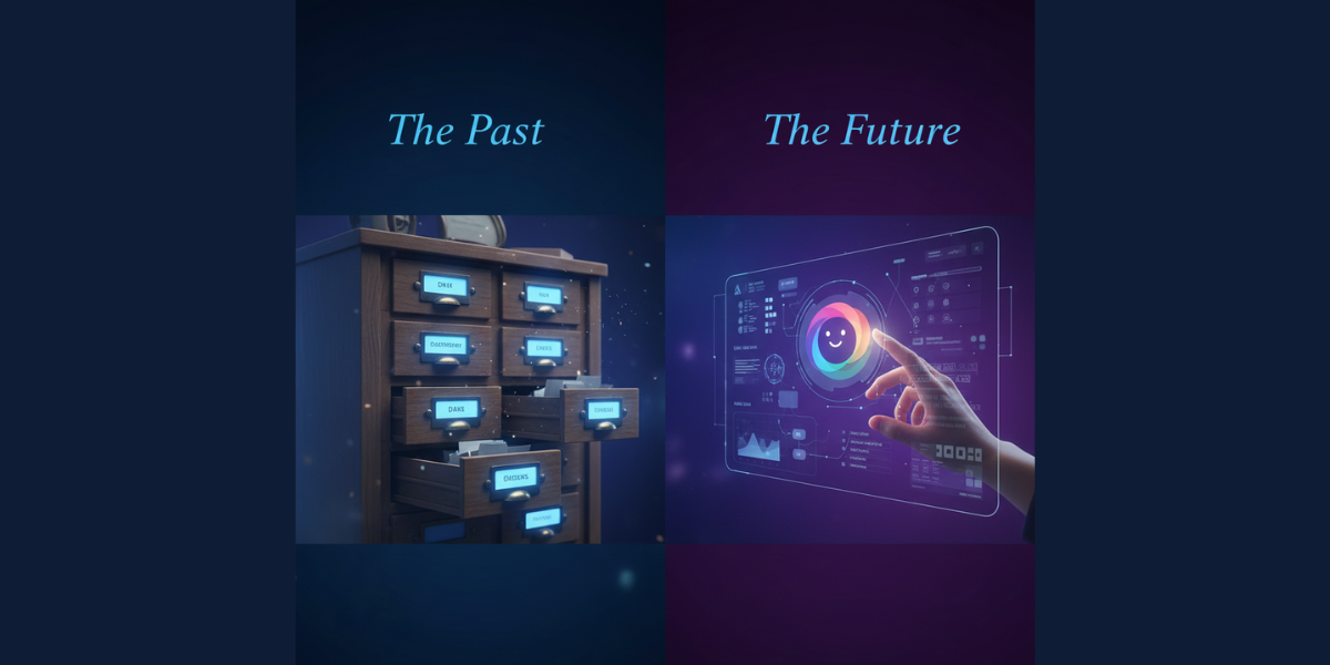 A split-screen illustration comparing a vintage library card catalog representing traditional search results to a modern holographic AI interface representing Google Gemini's conversational answers.