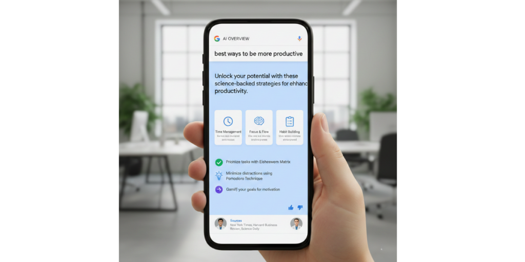 A close-up of a smartphone screen showing a Google AI Overview taking up the majority of the search results page, displaying a summarized answer with bullet points and citations.