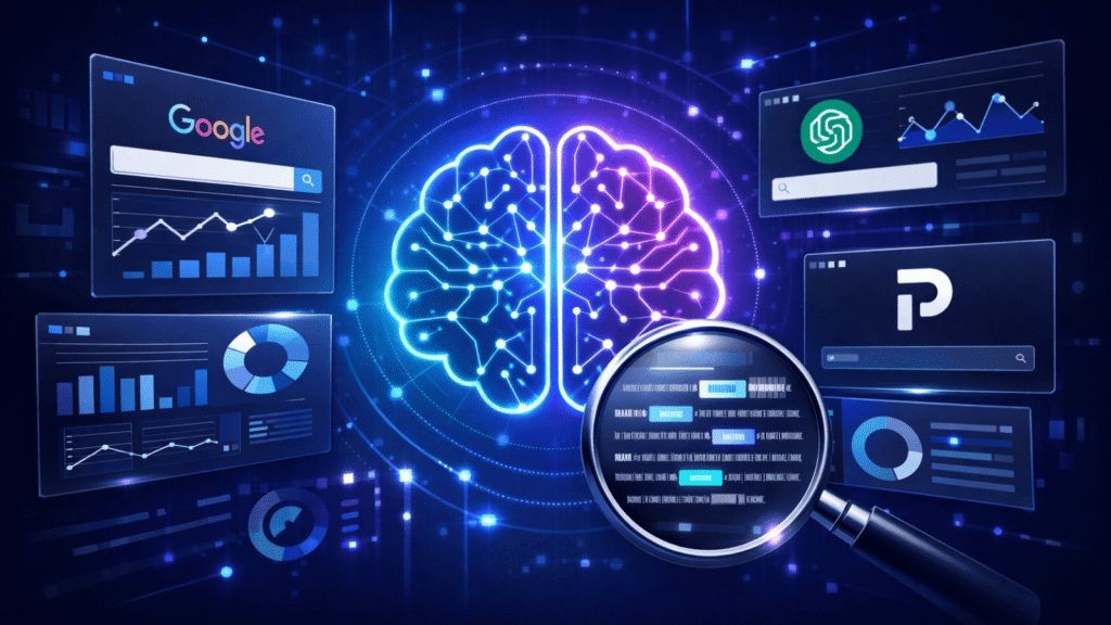 Professional conceptual illustration showing AI search monitoring for brands, including ChatGPT, Google and Perplexity interfaces with brand visibility metrics, analytics dashboards and neural network imagery.