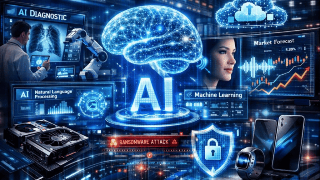 AI innovations and digital security integration (2) Futuristic newsroom-style digital collage illustrating the current week in global technology. Central focus on artificial intelligence innovation depicted through holographic neural networks, NLP interfaces, and machine learning visuals. Surrounding elements include healthcare diagnostic AI scanning medical imagery, finance predictive analytics with data charts and trading graphs, cloud computing iconography from tech mergers, and next-gen GPUs and smart devices. Include subtle cybersecurity elements like digital shields, encrypted data streams, and ransomware threat indicators.