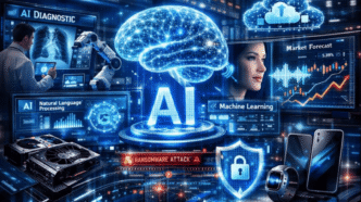 Futuristic newsroom-style digital collage illustrating the current week in global technology. Central focus on artificial intelligence innovation depicted through holographic neural networks, NLP interfaces, and machine learning visuals. Surrounding elements include healthcare diagnostic AI scanning medical imagery, finance predictive analytics with data charts and trading graphs, cloud computing iconography from tech mergers, and next-gen GPUs and smart devices. Include subtle cybersecurity elements like digital shields, encrypted data streams, and ransomware threat indicators.