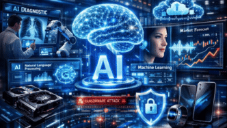 Futuristic newsroom-style digital collage illustrating the current week in global technology. Central focus on artificial intelligence innovation depicted through holographic neural networks, NLP interfaces, and machine learning visuals. Surrounding elements include healthcare diagnostic AI scanning medical imagery, finance predictive analytics with data charts and trading graphs, cloud computing iconography from tech mergers, and next-gen GPUs and smart devices. Include subtle cybersecurity elements like digital shields, encrypted data streams, and ransomware threat indicators.