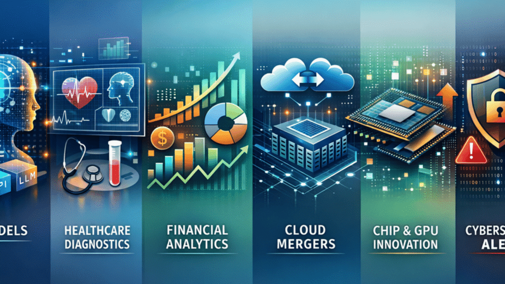 AI models, healthcare diagnostics, financial analytics, cloud mergers, semiconductor and GPU innovation, and cybersecurity alerts High tech editorial illustration showcasing AI innovation, industry mergers, hardware upgrades, and cybersecurity threats in a single futuristic visual scene. Sleek UX dashboards, data charts, neural network graphics, and digital shields.