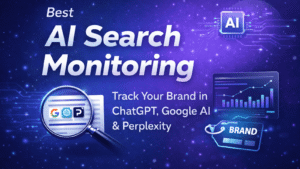 Social media graphic promoting AI search monitoring for brands across ChatGPT, Google AI, and Perplexity. Highlights emerging tools for tracking brand visibility and generative search insights.