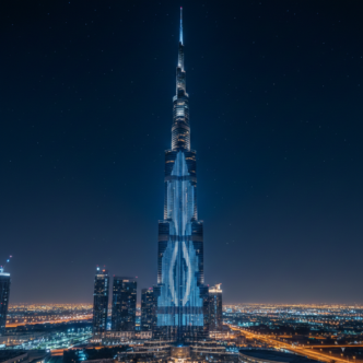 Stunning view of Burj Khalifa by night with LED lights illuminating the tower against dark blue Dubai sky