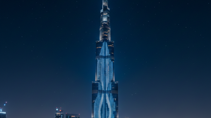 Stunning view of Burj Khalifa by night with LED lights illuminating the tower against dark blue Dubai sky