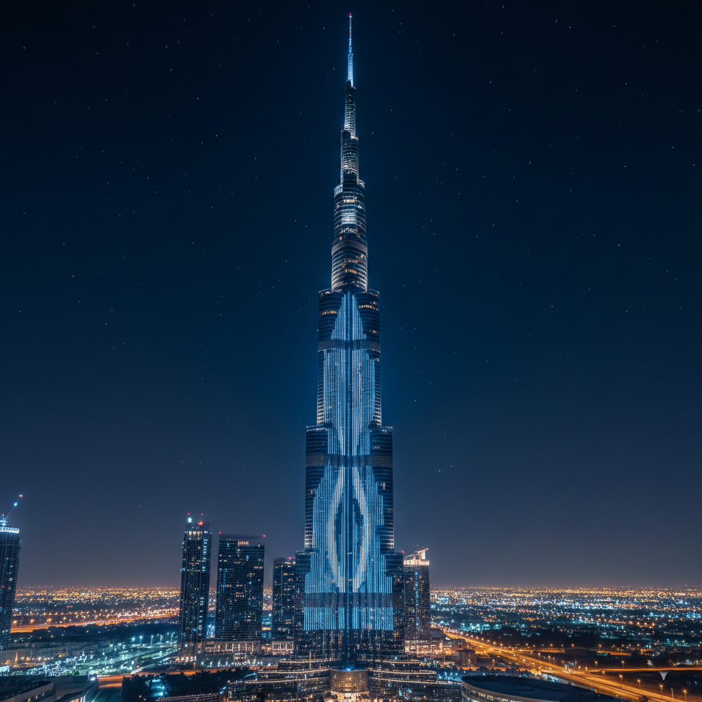 Stunning view of Burj Khalifa by night with LED lights illuminating the tower against dark blue Dubai sky