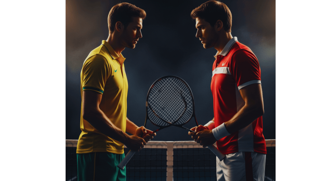 Epic cinematic face-off portrait of two tennis players staring intensely at each other, dramatic side lighting creating shadows, one player shorter with lean athletic build representing speed and agility, other player tall and powerful with broad shoulders representing power tennis. Tennis net between them slightly visible, dark moody background with subtle blue hard court reflection, sweat glistening on faces, gripping tennis rackets tightly, championship atmosphere, movie poster composition style, photorealistic digital art, golden hour rim lighting, smoke or mist effects in background