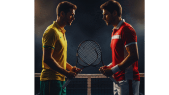 Epic cinematic face-off portrait of two tennis players staring intensely at each other, dramatic side lighting creating shadows, one player shorter with lean athletic build representing speed and agility, other player tall and powerful with broad shoulders representing power tennis. Tennis net between them slightly visible, dark moody background with subtle blue hard court reflection, sweat glistening on faces, gripping tennis rackets tightly, championship atmosphere, movie poster composition style, photorealistic digital art, golden hour rim lighting, smoke or mist effects in background