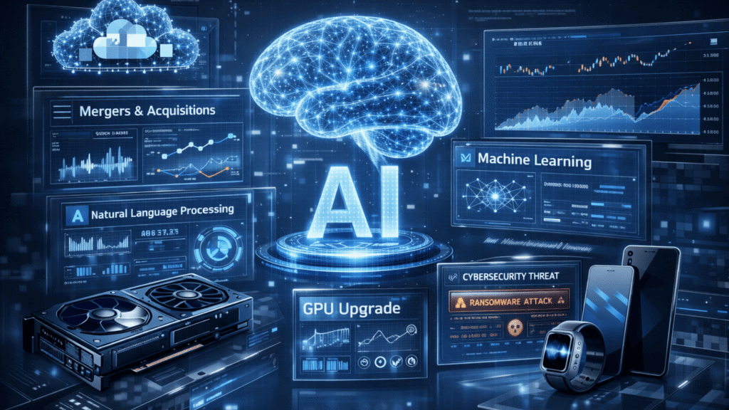 Futuristic AI and cybersecurity landscape High-tech editorial illustration showcasing AI innovation, industry mergers, hardware upgrades, and cybersecurity threats in a single futuristic visual scene. Sleek UX dashboards, data charts, neural network graphics, and digital shields.