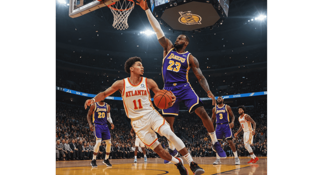 Dynamic illustration of Hawks vs Lakers NBA game showing key players in action, including Trae Young and LeBron James, with arena crowd and bright lights.