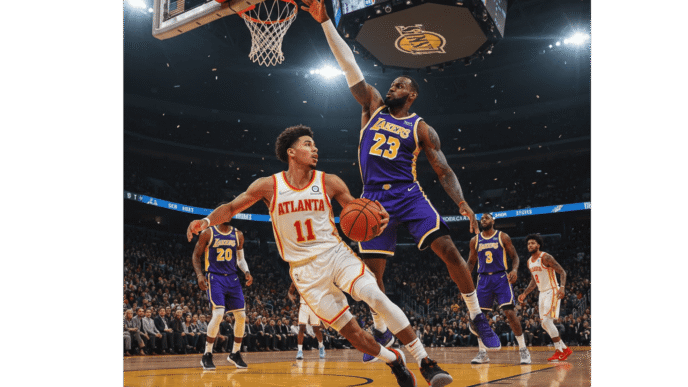 Dynamic illustration of Hawks vs Lakers NBA game showing key players in action, including Trae Young and LeBron James, with arena crowd and bright lights.