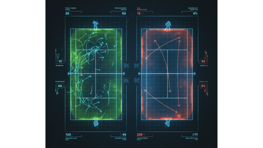 Modern sports analytics visualization showing tennis court from bird's eye view, heat map overlays showing player movement patterns Modern sports analytics visualization showing tennis court from bird's eye view, heat map overlays showing player movement patterns, one side showing extensive court coverage with green and yellow zones everywhere representing speed-based player, other side showing concentrated zones near baseline and net representing power-based player. Serve trajectory arrows, rally pattern lines, minimalist clean design, dark background with neon blue and orange accents, data points and statistics floating around court, futuristic holographic style, ESPN or ATP broadcast graphics aesthetic, sleek professional infographic design, 4K digital illustration