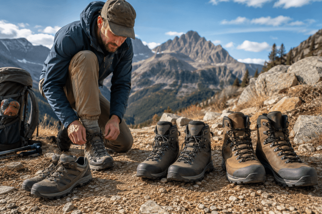 Comparison of lightweight, midweight and backpacking hiking boots for different trail conditions