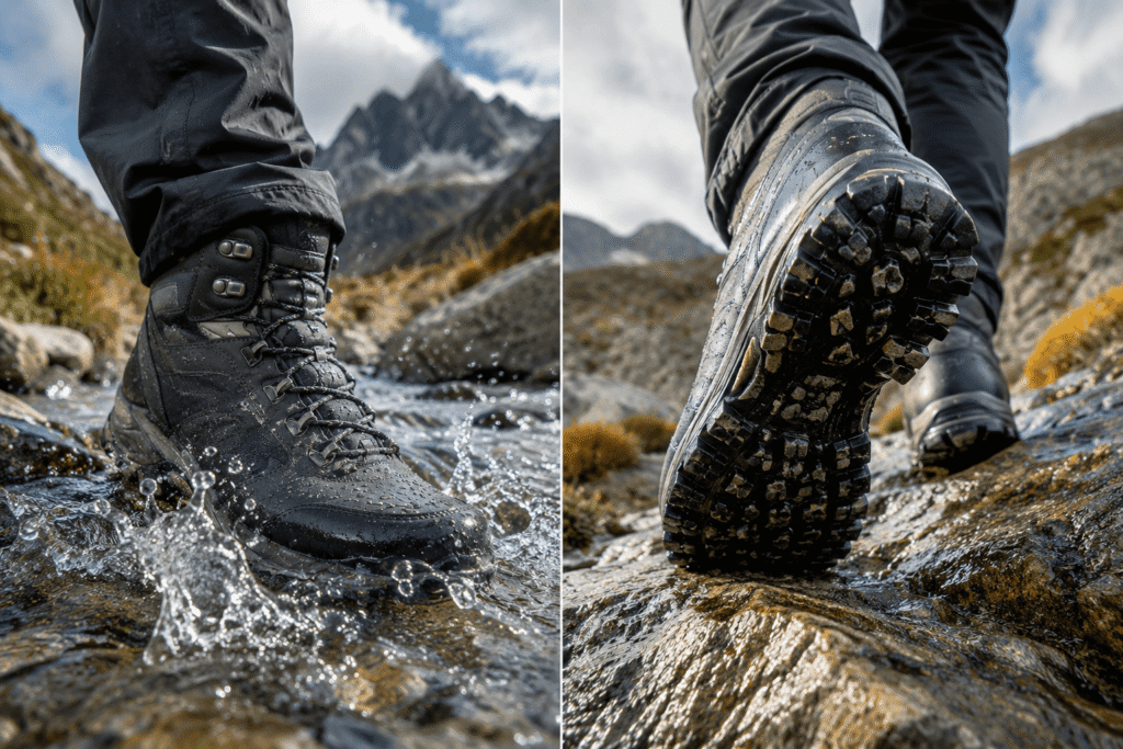 Waterproof hiking boots demonstrating traction, grip and weather protection on rugged terrain